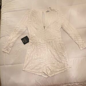 White Sequin Long Sleeve Romper